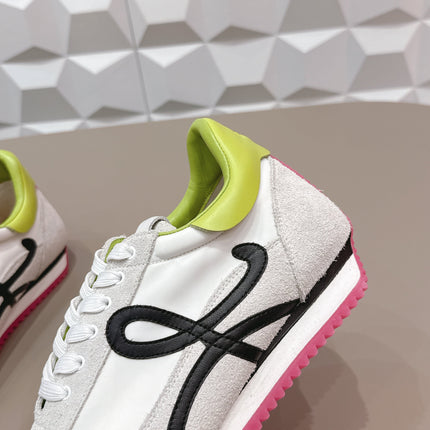 LOEWE 26S FLOW RUNNER SNEAKER IN LIGHT GRAY SUEDE AND LIME YELLOW AND BLACK CALFSKIN