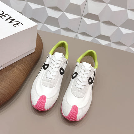 LOEWE 26S FLOW RUNNER SNEAKER IN LIGHT GRAY SUEDE AND LIME YELLOW AND BLACK CALFSKIN