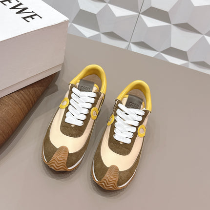 LOEWE 26S FLOW RUNNER SNEAKER IN DARK OLIVE BROWN SUEDE AND YELLOW CALFSKIN