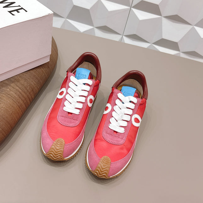 LOEWE 26S FLOW RUNNER SNEAKER IN DUSTY ROSE SUEDE AND DARK RED CALFSKIN
