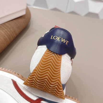 LOEWE 26S FLOW RUNNER SNEAKER IN LIGHT GRAY SUEDE AND NAVY BLUE AND RED CALFSKIN