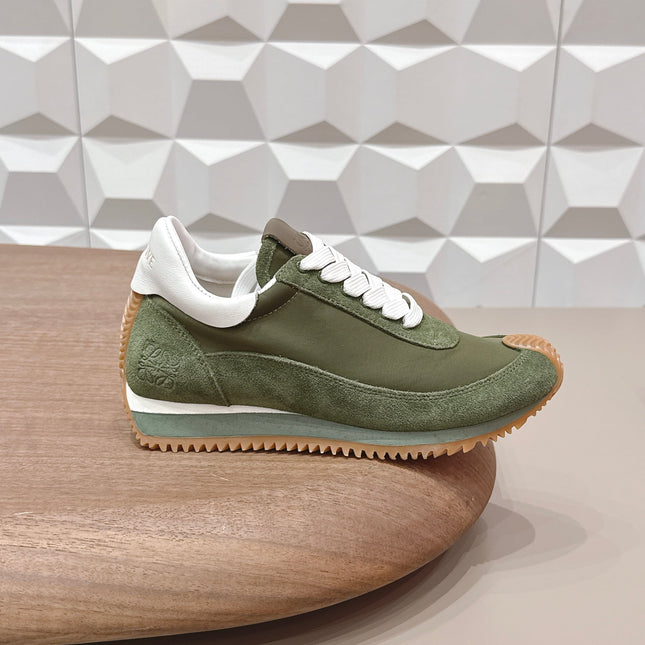 LOEWE 26S FLOW RUNNER SNEAKER IN DARK OLIVE GREEN SUEDE AND WHITE CALFSKIN