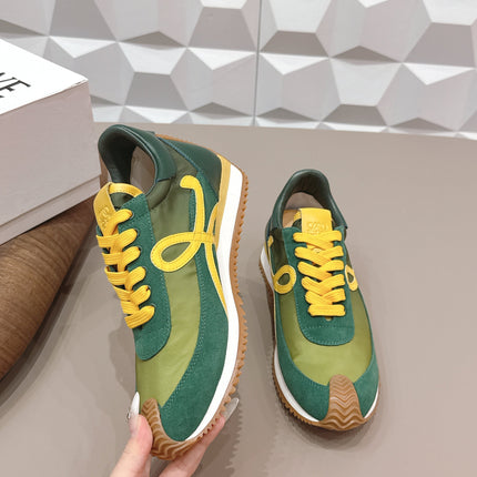 LOEWE 26S FLOW RUNNER SNEAKER IN GREEN AND YELLOW SUEDE AND CALFSKIN