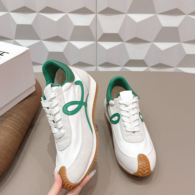 LOEWE 26S FLOW RUNNER SNEAKER IN WHITE SUEDE AND DEEP TEAL GREEN CALFSKIN