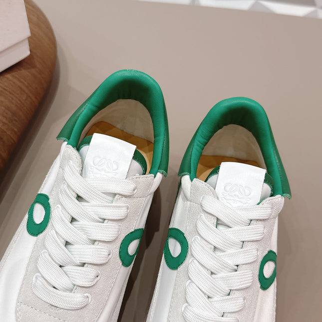 LOEWE 26S FLOW RUNNER SNEAKER IN WHITE SUEDE AND DEEP TEAL GREEN CALFSKIN