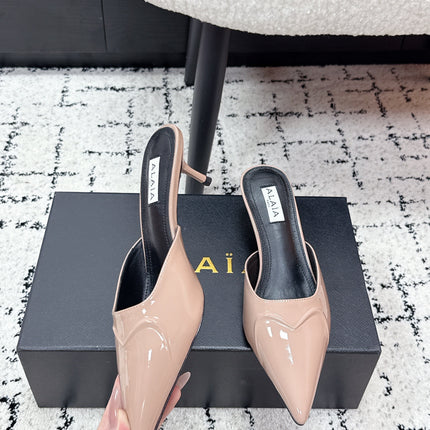 ALAIA 26S HEELED MULES 65 MM IN NUDE PINK GLOSSY CALFSKIN
