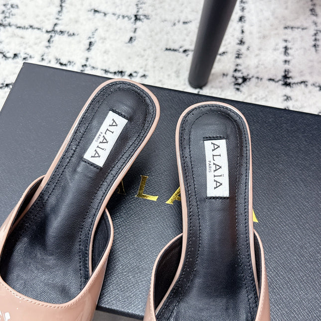 ALAIA 26S HEELED MULES 65 MM IN NUDE PINK GLOSSY CALFSKIN