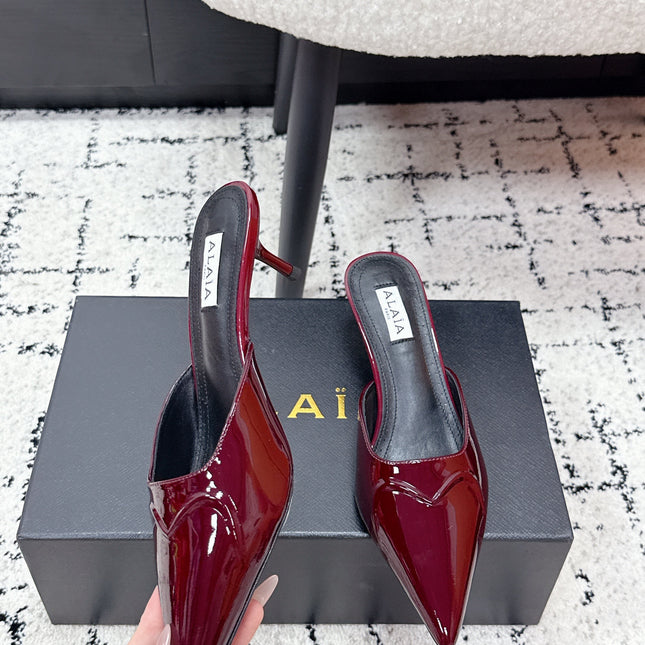 ALAIA 26S HEELED MULES 65 MM IN DARK RED GLOSSY CALFSKIN
