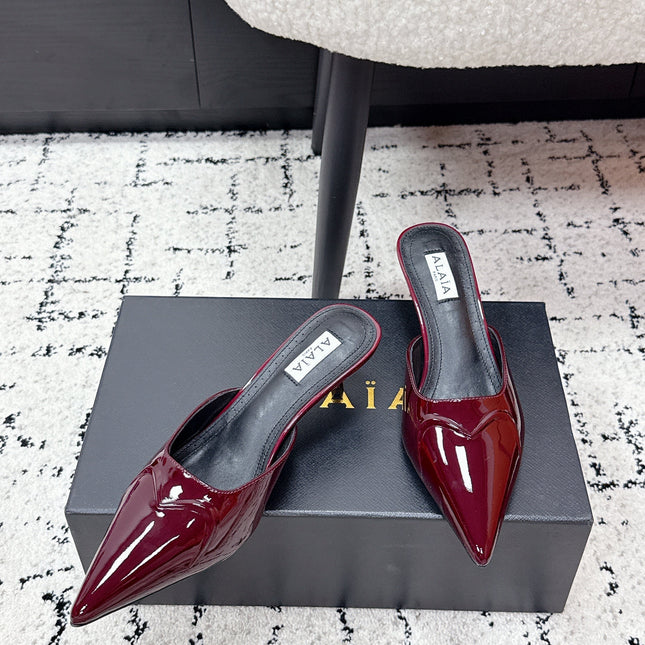 ALAIA 26S HEELED MULES 65 MM IN DARK RED GLOSSY CALFSKIN