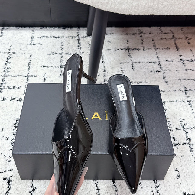 ALAIA 26S HEELED MULES 65 MM IN BLACK GLOSSY CALFSKIN