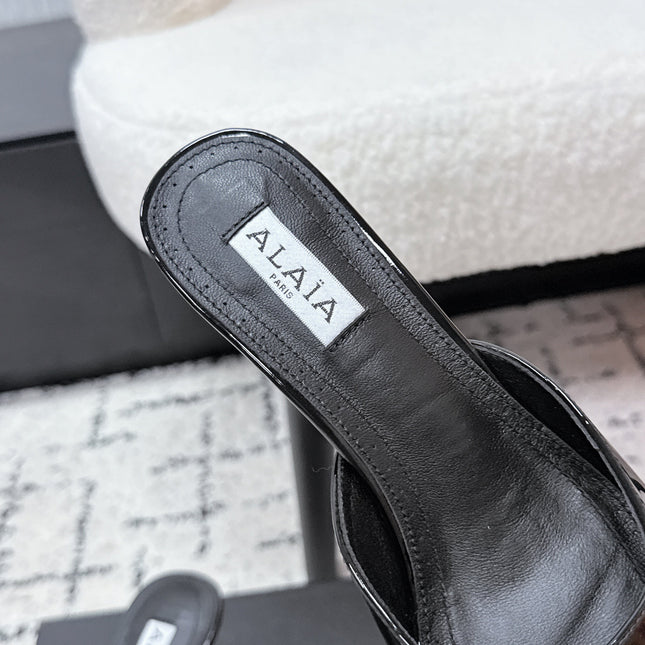 ALAIA 26S HEELED MULES 65 MM IN BLACK GLOSSY CALFSKIN