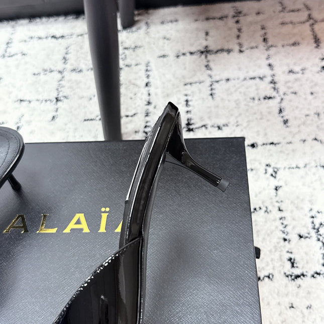 ALAIA 26S HEELED MULES 65 MM IN BLACK GLOSSY CALFSKIN