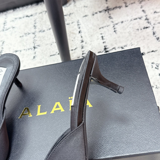 ALAIA 26S HEELED MULES 65 MM IN BLACK SATIN