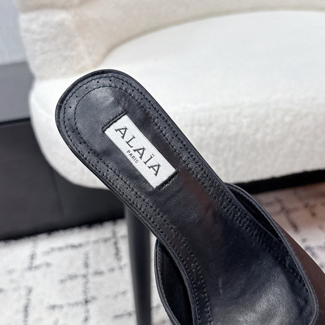 ALAIA 26S HEELED MULES 65 MM IN BLACK SATIN
