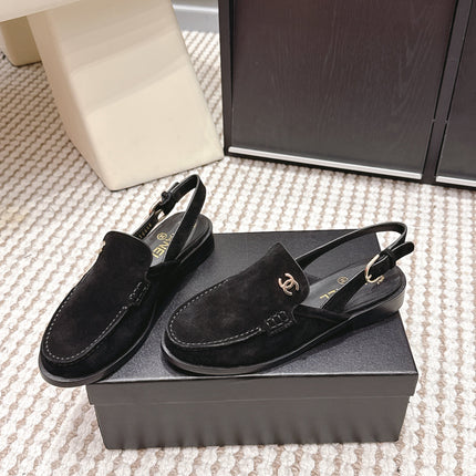 CHANEL 26S SLINGBACK LOAFERS IN BLACK SUEDE
