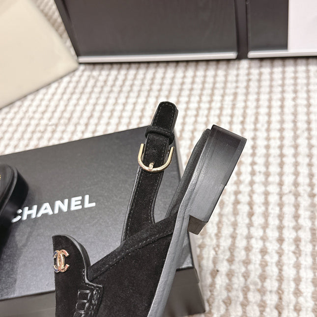 CHANEL 26S SLINGBACK LOAFERS IN BLACK SUEDE
