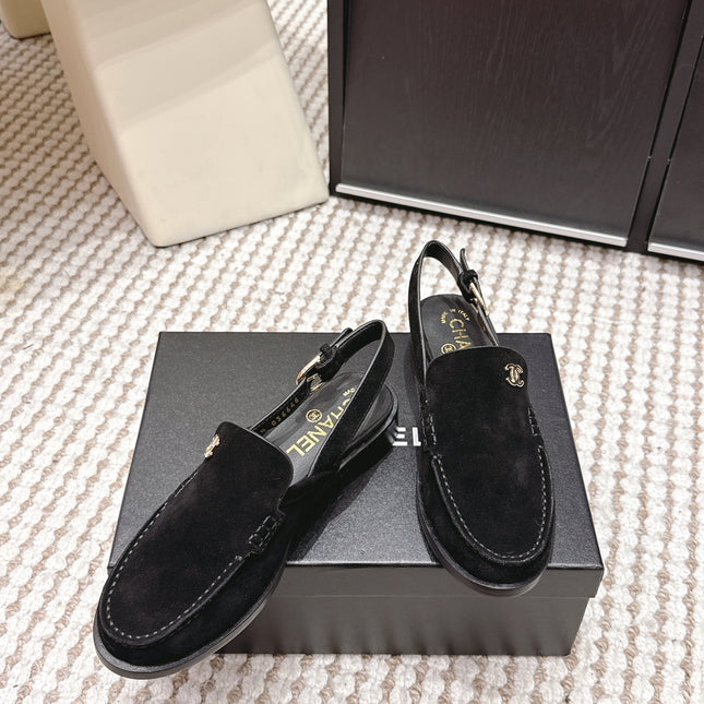 CHANEL 26S SLINGBACK LOAFERS IN BLACK SUEDE