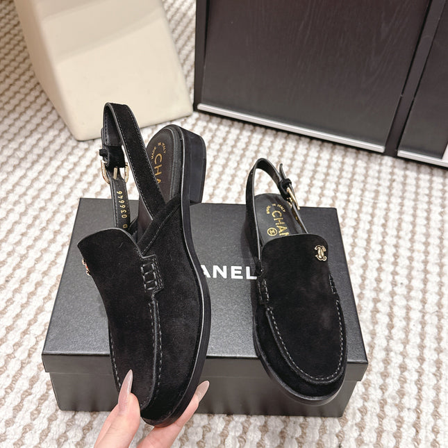CHANEL 26S SLINGBACK LOAFERS IN BLACK SUEDE