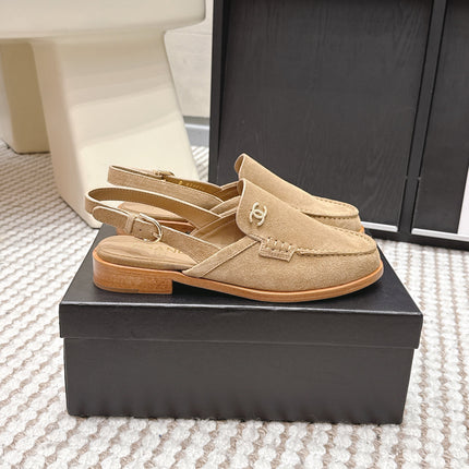 CHANEL 26S SLINGBACK LOAFERS IN LIGHT BROWN SUEDE