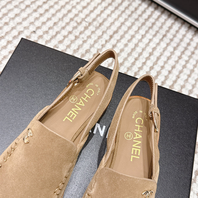 CHANEL 26S SLINGBACK LOAFERS IN LIGHT BROWN SUEDE