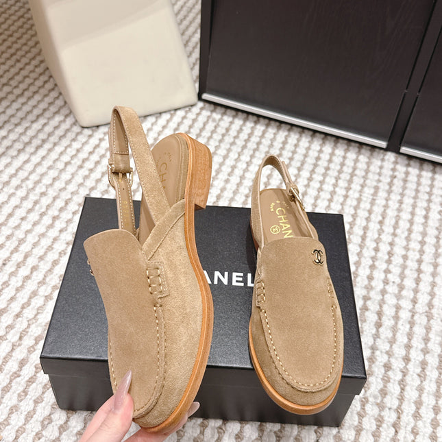 CHANEL 26S SLINGBACK LOAFERS IN LIGHT BROWN SUEDE