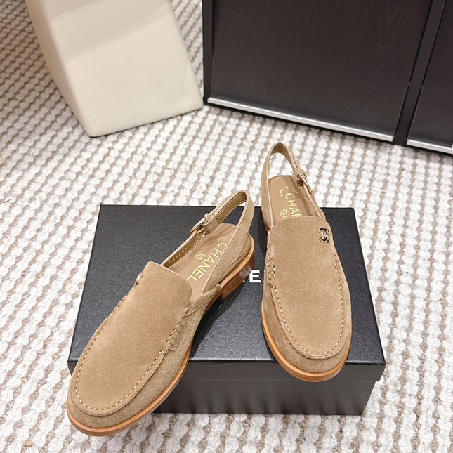 CHANEL 26S SLINGBACK LOAFERS IN LIGHT BROWN SUEDE