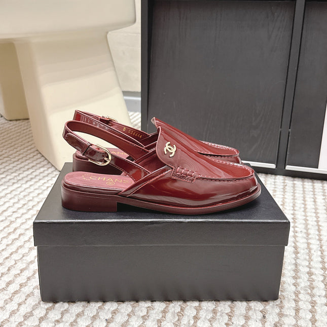 CHANEL 26S SLINGBACK LOAFERS IN DARK RED GLOSSY CALFSKIN