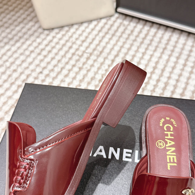 CHANEL 26S LOAFER MULES IN DARK RED GLOSSY CALFSKIN