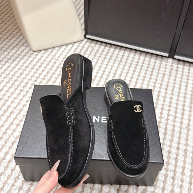 CHANEL 26S LOAFER MULES IN BLACK SUEDE