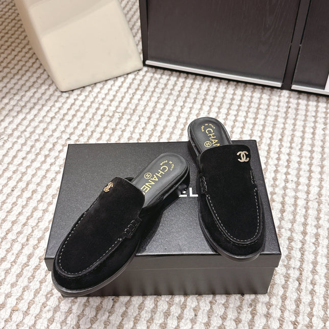 CHANEL 26S LOAFER MULES IN BLACK SUEDE