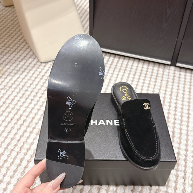 CHANEL 26S LOAFER MULES IN BLACK SUEDE