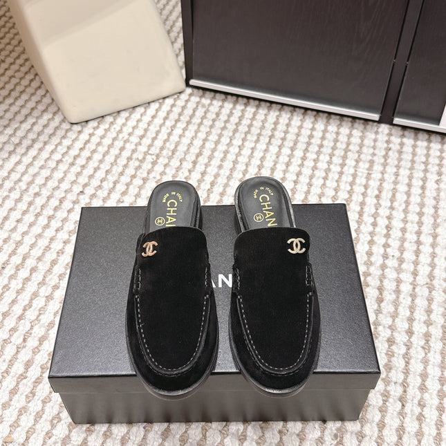 CHANEL 26S LOAFER MULES IN BLACK SUEDE