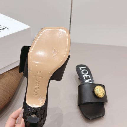 LOEWE 26S SQUARE TOE SANDALS 45MM IN BLACK CALFSKIN GOLD HARDWARE