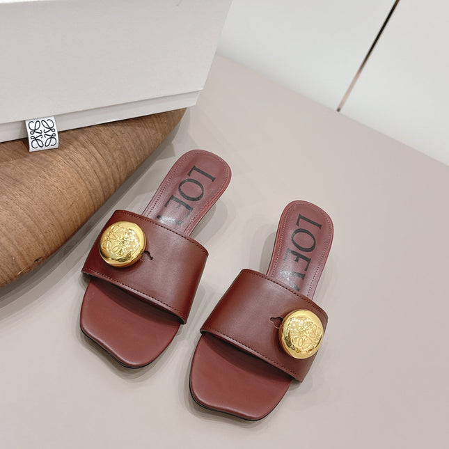 LOEWE 26S SQUARE TOE SANDALS 45MM IN DARK BROWN CALFSKIN GOLD HARDWARE