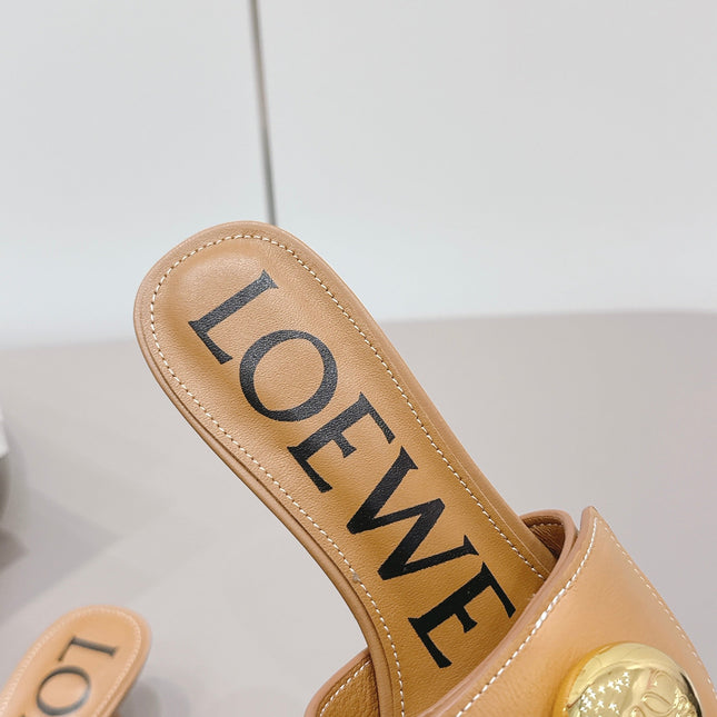 LOEWE 26S SQUARE TOE SANDALS 45MM IN TAN BROWN CALFSKIN GOLD HARDWARE
