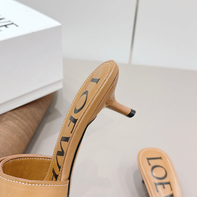 LOEWE 26S SQUARE TOE SANDALS 45MM IN TAN BROWN CALFSKIN GOLD HARDWARE