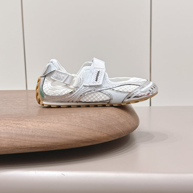 BOTTEGA VENETA 26S ORBIT FLASH MARY JANE IN SILVER AND WHITE BREATHABLE MESH