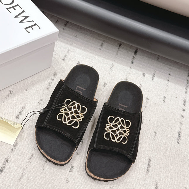 LOEWE 26S FLAT SANDALS IN BLACK LOGO GOLD HARDWARE