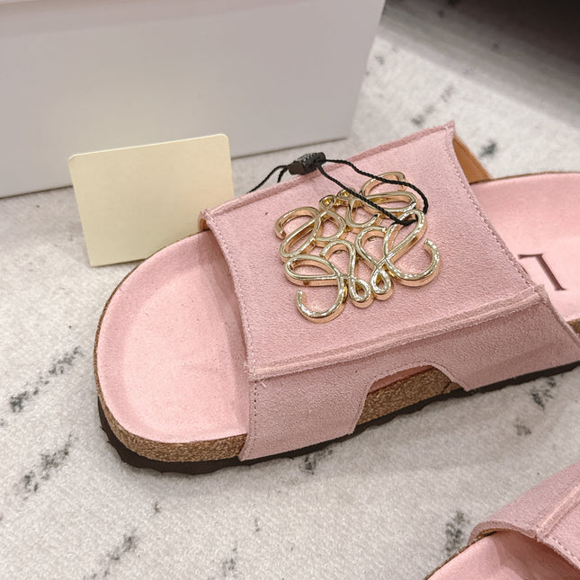 LOEWE 26S FLAT SANDALS IN PINK LOGO GOLD HARDWARE
