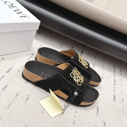 LOEWE 26S FLAT SANDALS IN BLACK LOGO GOLD HARDWARE