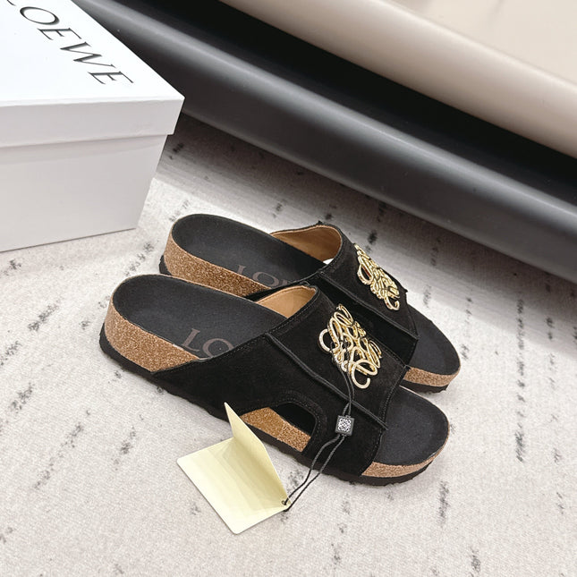 LOEWE 26S FLAT SANDALS IN BLACK LOGO GOLD HARDWARE