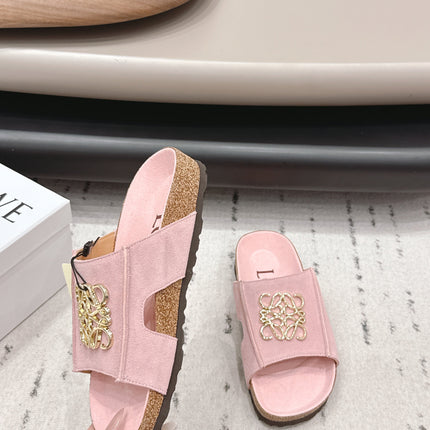 LOEWE 26S FLAT SANDALS IN PINK LOGO GOLD HARDWARE