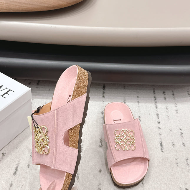 LOEWE 26S FLAT SANDALS IN PINK LOGO GOLD HARDWARE
