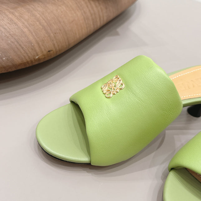 LOEWE 26S MULE HEELS 45MM IN OLIVE GREEN LAMBSKIN GOLD HARDWARE