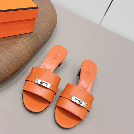 HM 26S KELLY HEEL SANDAL 50MM IN ORANGE CALFSKIN SILVER HARDWARE