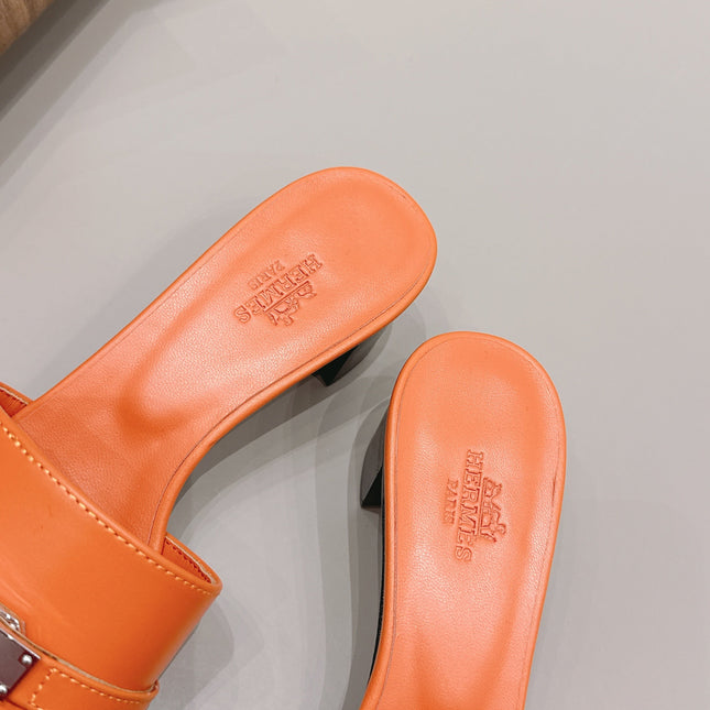 HM 26S KELLY HEEL SANDAL 50MM IN ORANGE CALFSKIN SILVER HARDWARE