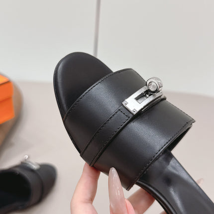 HM 26S KELLY HEEL SANDAL 50MM IN BLACK CALFSKIN SILVER HARDWARE