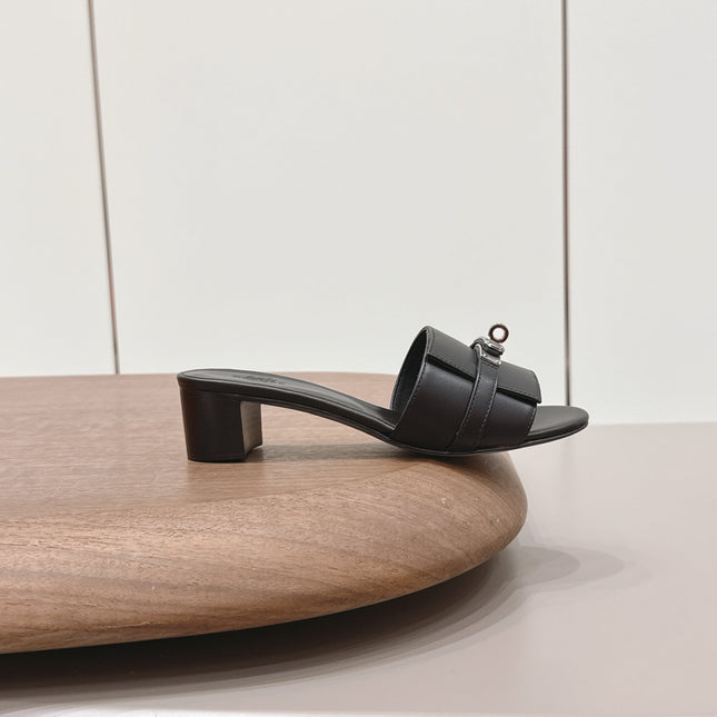 HM 26S KELLY HEEL SANDAL 50MM IN BLACK CALFSKIN SILVER HARDWARE