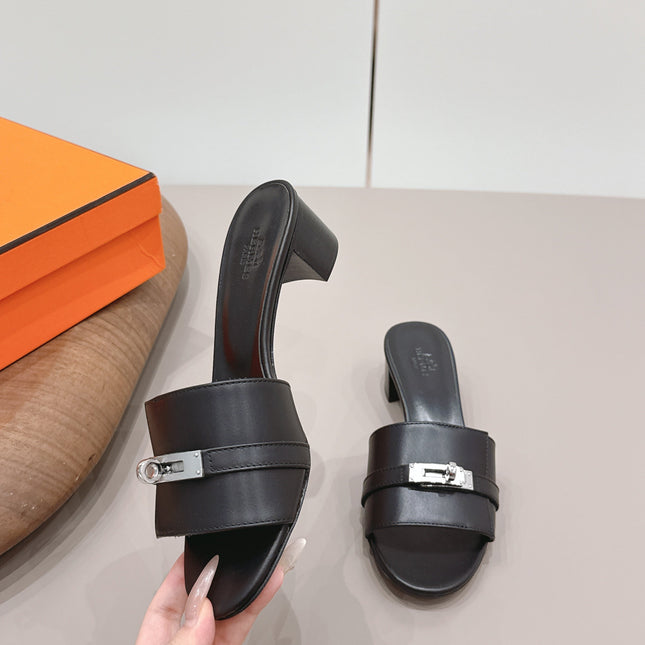 HM 26S KELLY HEEL SANDAL 50MM IN BLACK CALFSKIN SILVER HARDWARE