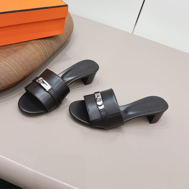 HM 26S KELLY HEEL SANDAL 50MM IN BLACK CALFSKIN SILVER HARDWARE